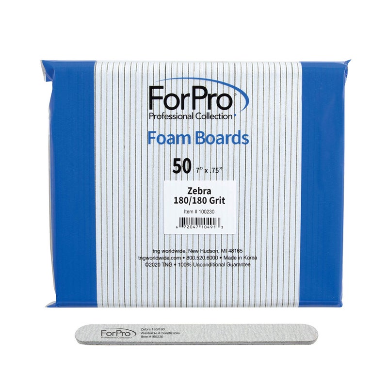 ForPro Professional Collection Zebra Foam Board, 180/180 Grit, Double-Sided Manicure Nail File, 7â€ L x .75â€ W, 50-Count - Image 1